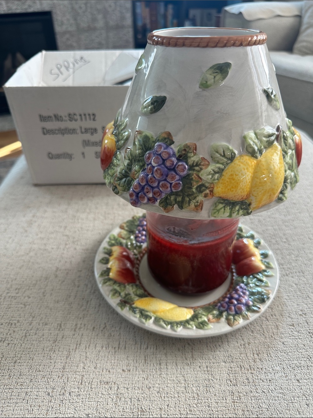 Vintage Ceramic Fruit Jar Candle Shade & Matching Plate Set - With Original Box